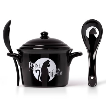 Black Cat Feline Hungry Soup Bowl and Spoon