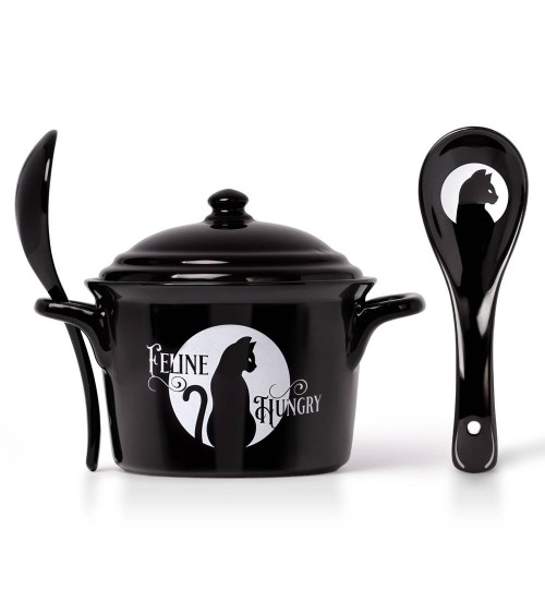 Black Cat Feline Hungry Soup Bowl and Spoon