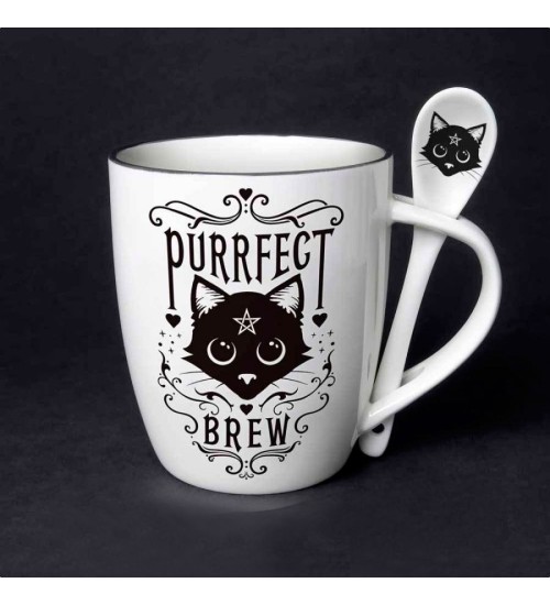 Purrfect Brew Black Cat Mug and Spoon Set