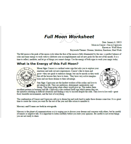 Full Moon in Cancer Free Worksheet