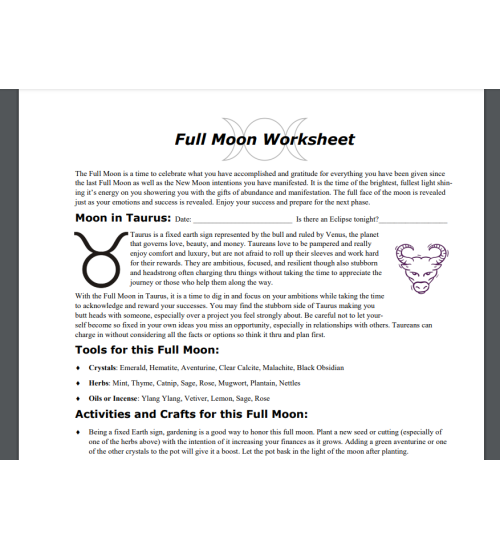 Full Moon in Taurus Free Worksheet