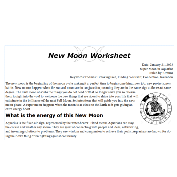 New Moon in Aquarius January 2023 Free Worksheet