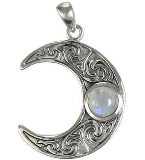 Crescent Moon Sterling Silver Pendant with Rainbow Moonstone