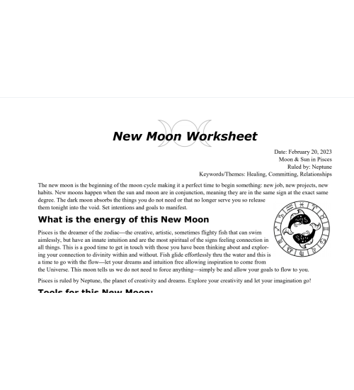 New Moon in Pisces February 2023 Free Worksheet