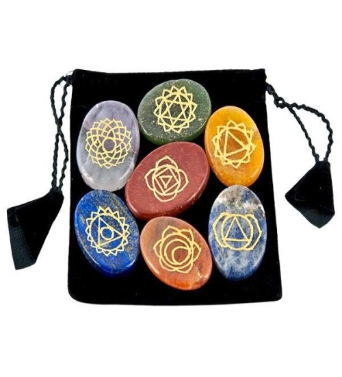 7 Carved Chakra Worry Stones in Velvet Pouch