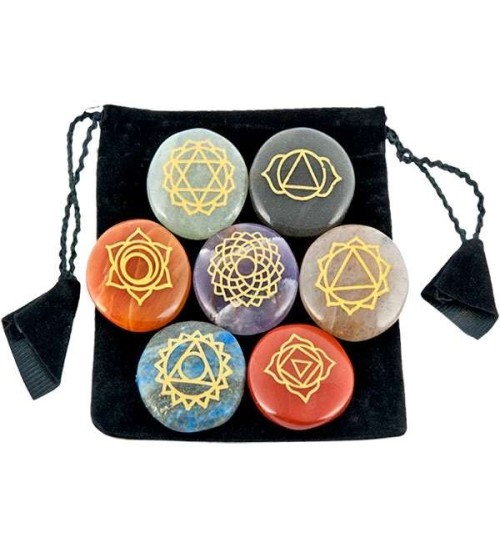 7 Carved Chakra Gem Stones in Velvet Pouch