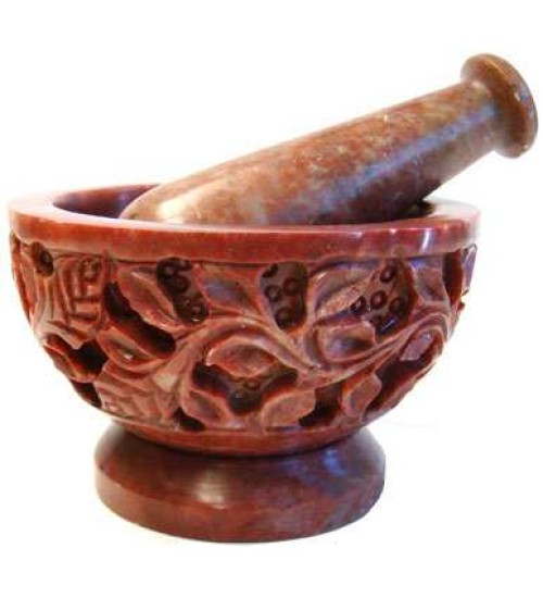 Flowers and Vine Carved Soapstone Mortar and Pestle Set