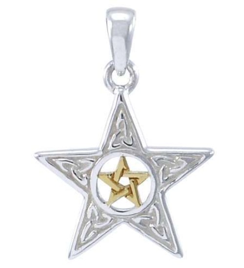 Celtic Double Pentagram Pendant in Sterling Silver and Gold