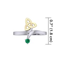 Celtic Trinity Knot with Emerald Gem Silver and Gold Ring 