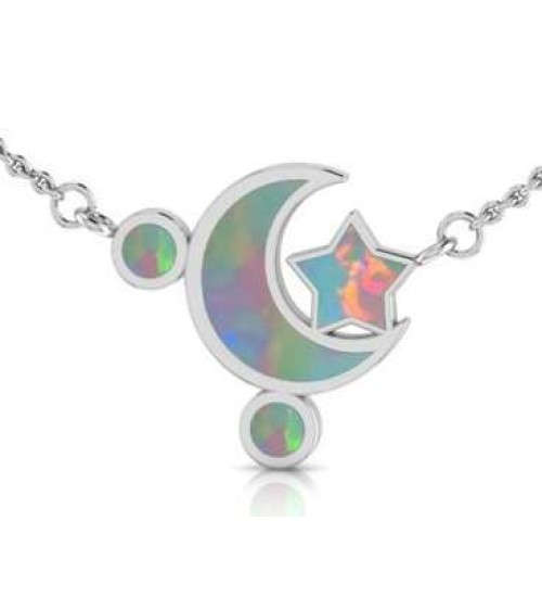 Moon and Star Necklace with Opal Inlay