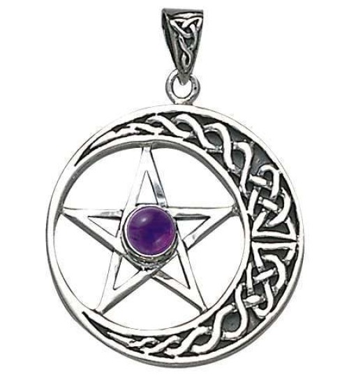 Crescent Moon Pentacle Pendant with Gemstone