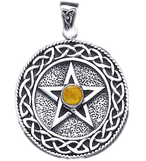 Celtic Border Pentacle Pendant with Amber for Wisdom