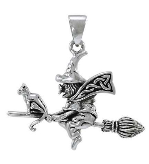 Classic Witch Riding Broom Sterling Silver Pendant