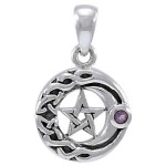 Moon Pentacle with Amethyst Small Silver Pendant
