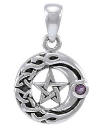 Moon Pentacle with Amethyst Small Silver Pendant