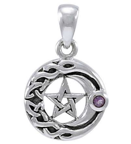 Moon Pentacle with Amethyst Small Silver Pendant