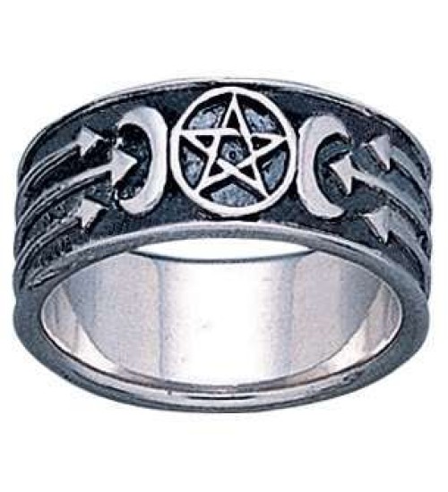 Antiqued Crescent Moon Pentacle Ring
