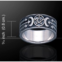 Antiqued Crescent Moon Pentacle Ring