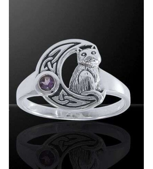 Celtic Cat and Moon Sterling Silver Ring