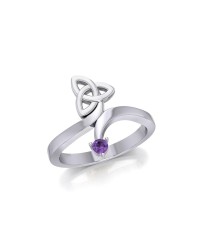 Celtic Trinity Knot with Round Amethyst Gem Silver Ring
