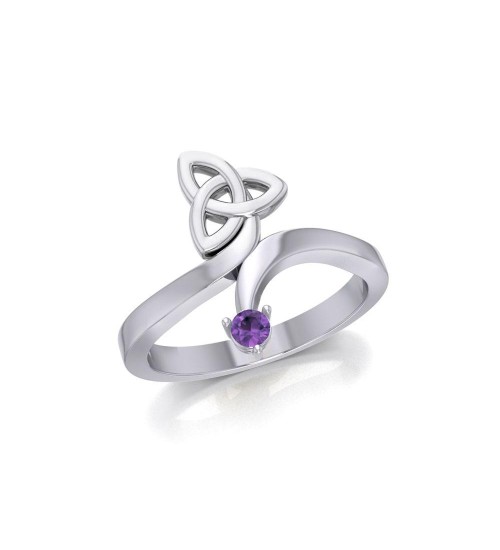 Celtic Trinity Knot with Round Amethyst Gem Silver Ring