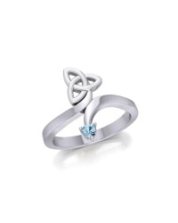 Celtic Trinity Knot with Round Aquamarine Gem Silver Ring