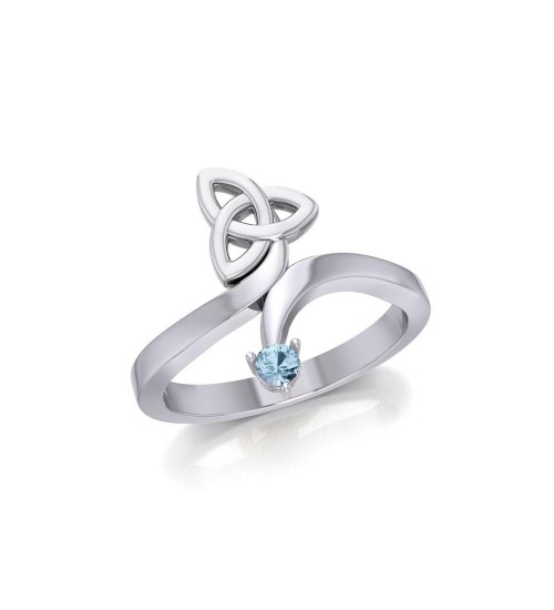 Celtic Trinity Knot with Round Aquamarine Gem Silver Ring