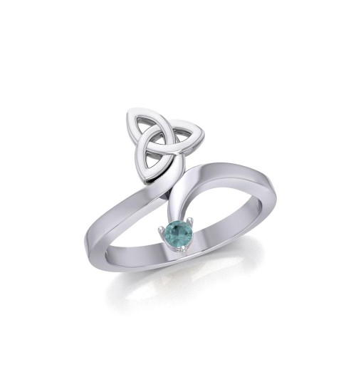 Celtic Trinity Knot with Round Blue Topaz Gem Silver Ring