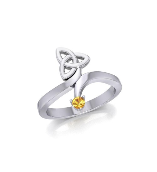 Celtic Trinity Knot with Round Citrine Gem Silver Ring