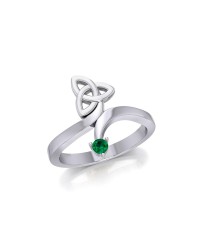 Celtic Trinity Knot with Round Emerald Gem Silver Ring