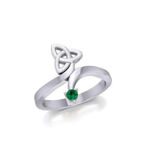 Celtic Trinity Knot with Round Emerald Gem Silver Ring