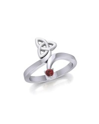 Celtic Trinity Knot with Round Garnet Gem Silver Ring