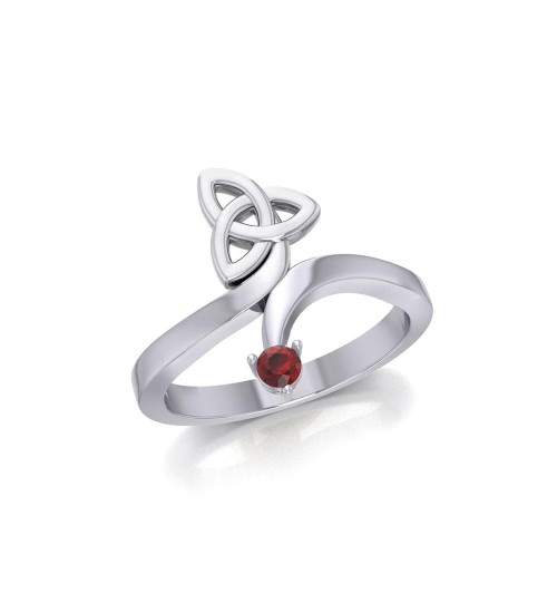 Celtic Trinity Knot with Round Garnet Gem Silver Ring