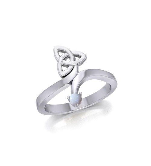 Celtic Trinity Knot with Round Opal Gem Silver Ring