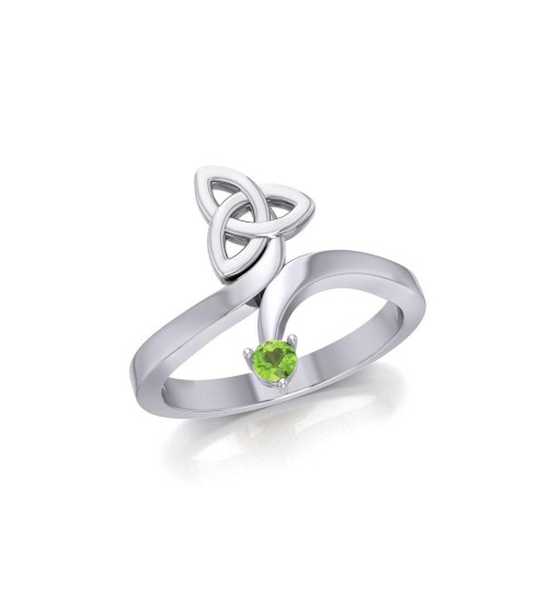 Celtic Trinity Knot with Round Peridot Gem Silver Ring