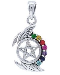 Pentagram, Crescent Moon, and Chakra Silver Pendant