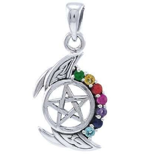 Pentagram, Crescent Moon, and Chakra Silver Pendant