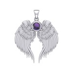 Guardian Angel Wings Silver Pendant with Amethyst Birthstone for February