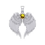 Guardian Angel Wings Silver Pendant with Citrine Birthstone for November