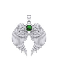 Guardian Angel Wings Silver Pendant with Emerald Birthstone for May