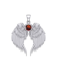 Guardian Angel Wings Silver Pendant with Garnet Birthstone for January
