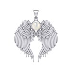 Guardian Angel Wings Silver Pendant with Mother of Pearl Birthstone for June