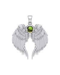 Guardian Angel Wings Silver Pendant with Peridot Birthstone for August