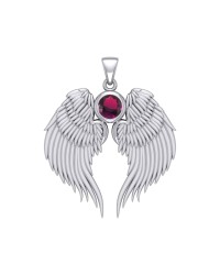 Guardian Angel Wings Silver Pendant with Ruby Birthstone for July