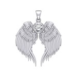 Guardian Angel Wings Silver Pendant with White Cubic Zirconia Birthstone for April