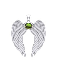 Guardian Angel Wings Pendant with Oval Peridot Birthstone for August
