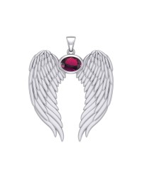 Guardian Angel Wings Pendant with Oval Ruby Birthstone for July