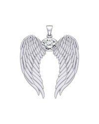 Guardian Angel Wings Pendant with Oval White Cubic Zirconia Birthstone for April