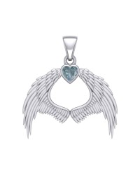 Guardian Angel Wings Pendant with Heart Aquamarine Birthstone  for March
