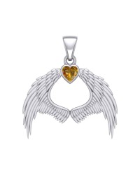 Guardian Angel Wings Pendant with Heart Citrine Birthstone for November